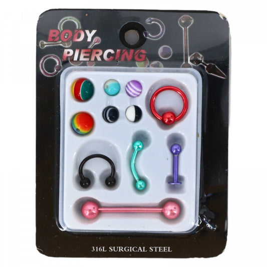 Set 5 piercing-uri, 6 sfere de schimb, NO19879, 1 - 3 cm, Multicolor