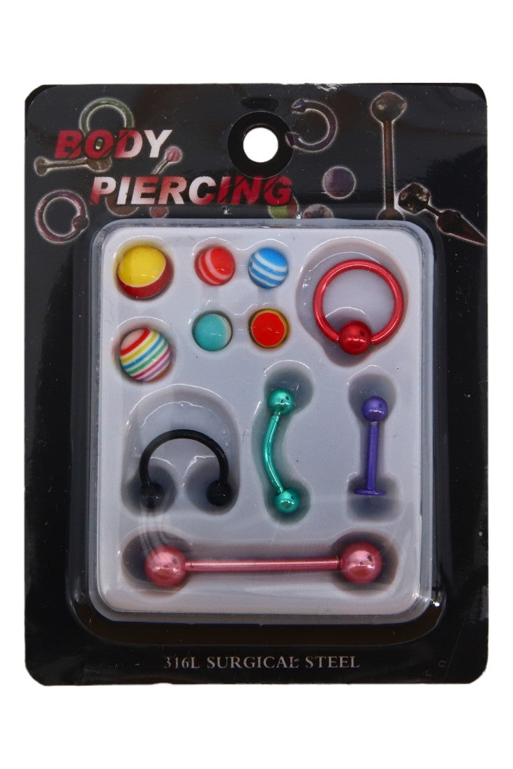 Set 5 piercing-uri, 6 sfere de schimb, NO6285, 1 - 3 cm, Multicolor