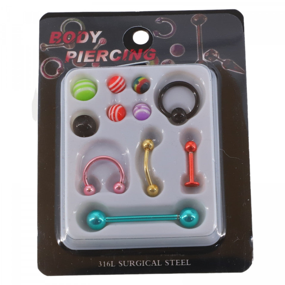 Set 5 piercing-uri, 6 sfere de schimb, NO992, 1 - 3 cm, Multicolor