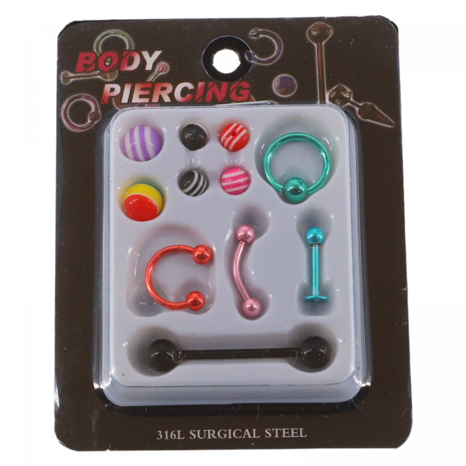 Set 5 piercing-uri, 6 sfere de schimb, NO996, 1 - 3 cm, Multicolor