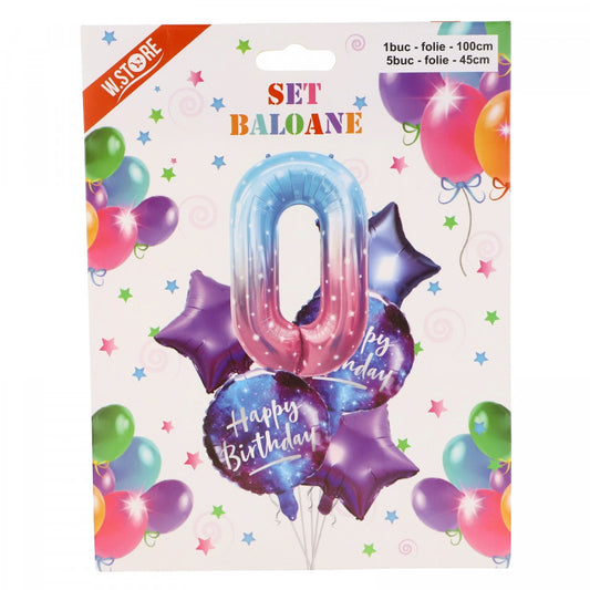 Set 6 Baloane folie, Cifra 0 si Happy Birthday, Multicolor