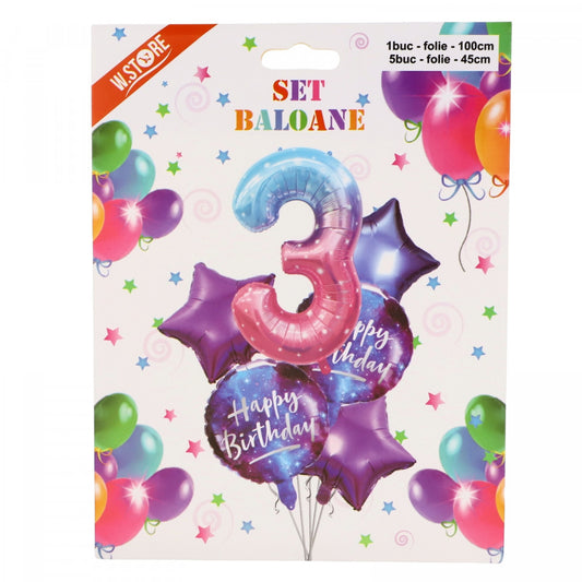 Set 6 Baloane folie, Cifra 3 si Happy Birthday, Multicolor