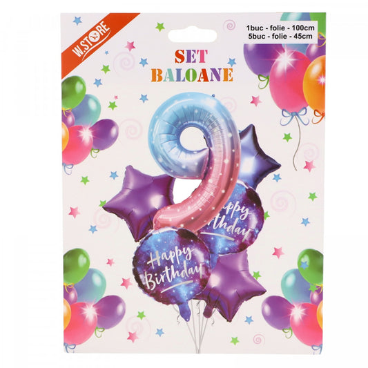 Set 6 Baloane folie, Cifra 9 si Happy Birthday, Multicolor