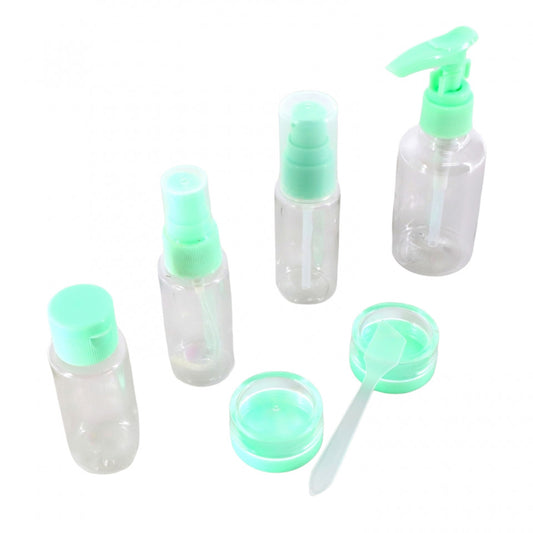 Set 6 bucati, Sticlute si cutiute pentru calatorii cu avionul, din plastic, cu borseta, 15-75 ml, NO123, Verde