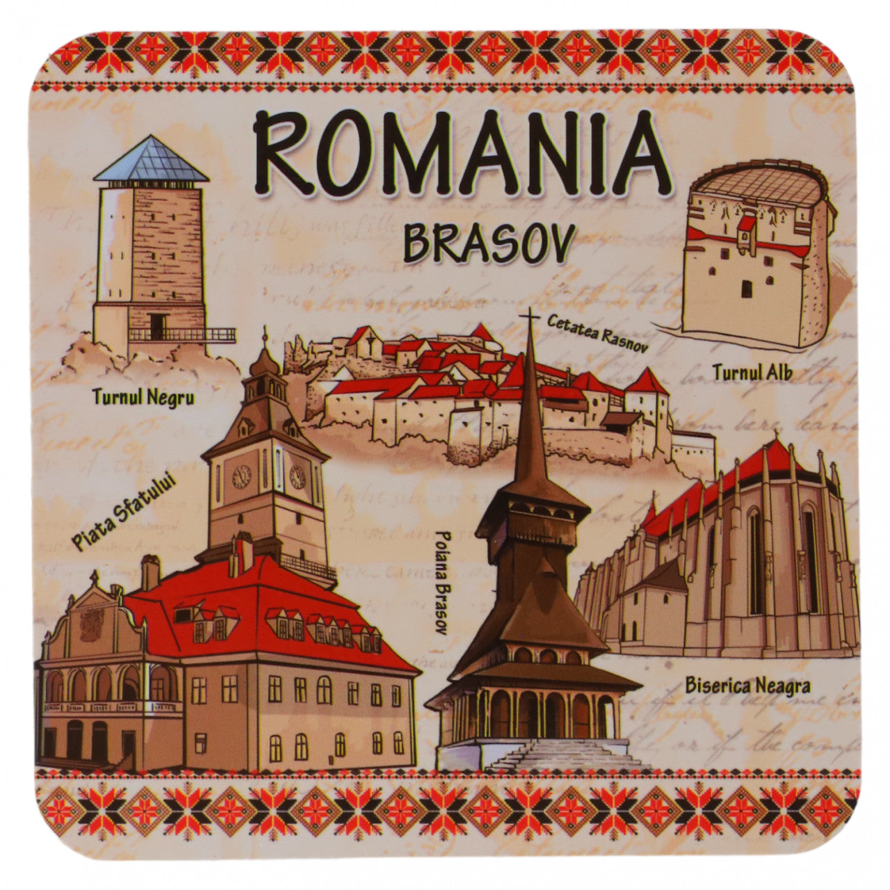 Set 6 bucati, Suport de pahare, Brasov, Romania, Patrate, NO843, 9.5 cm, Multicolor