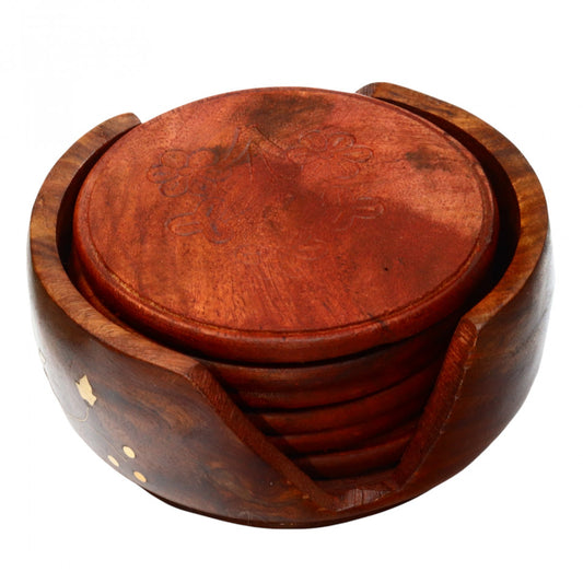 Set 6 bucati, Suport pentru pahare, din lemn, in cutiuta, 0.5 x 9.5 cm, Maro