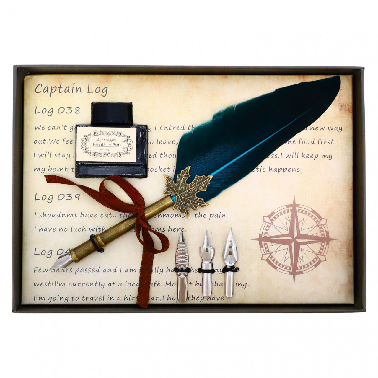 Set caligrafie Pana de scris cu penita, calimara, 3 varfuri de schimb, Vintage, NO829, Albastru
