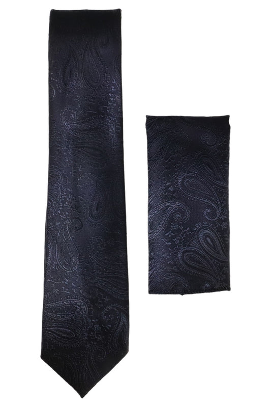 Set Cravata cu batista, model ingust, aspect texturat, imprimeu floral, 6.5 x 150 cm, NO866, Negru