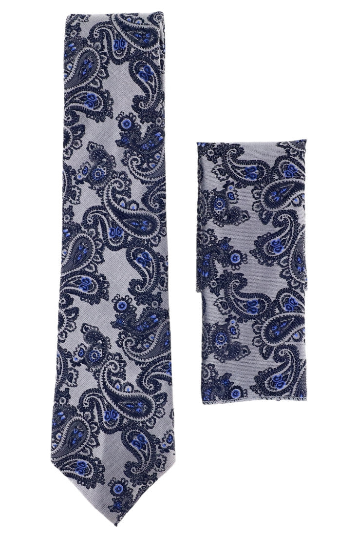 Set Cravata cu batista, model ingust, aspect texturat, imprimeu floral, 6.5 x 150 cm, NO867, Bleu