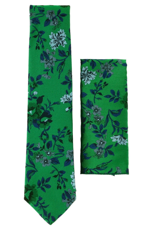 Set Cravata cu batista, model ingust, aspect texturat, imprimeu floral, 6.5 x 150 cm, NO886, Verde