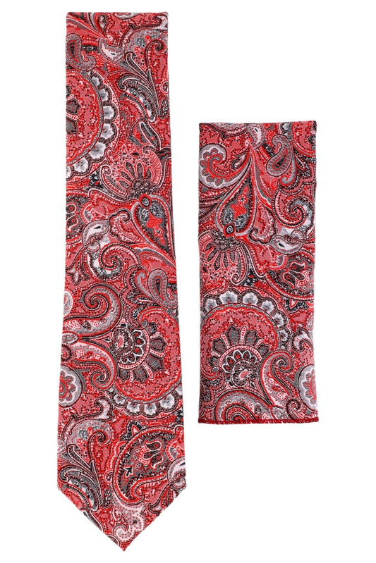 Set Cravata cu batista, model ingust, aspect texturat, imprimeu floral, 6.5 x 150 cm, NO888, Rosu