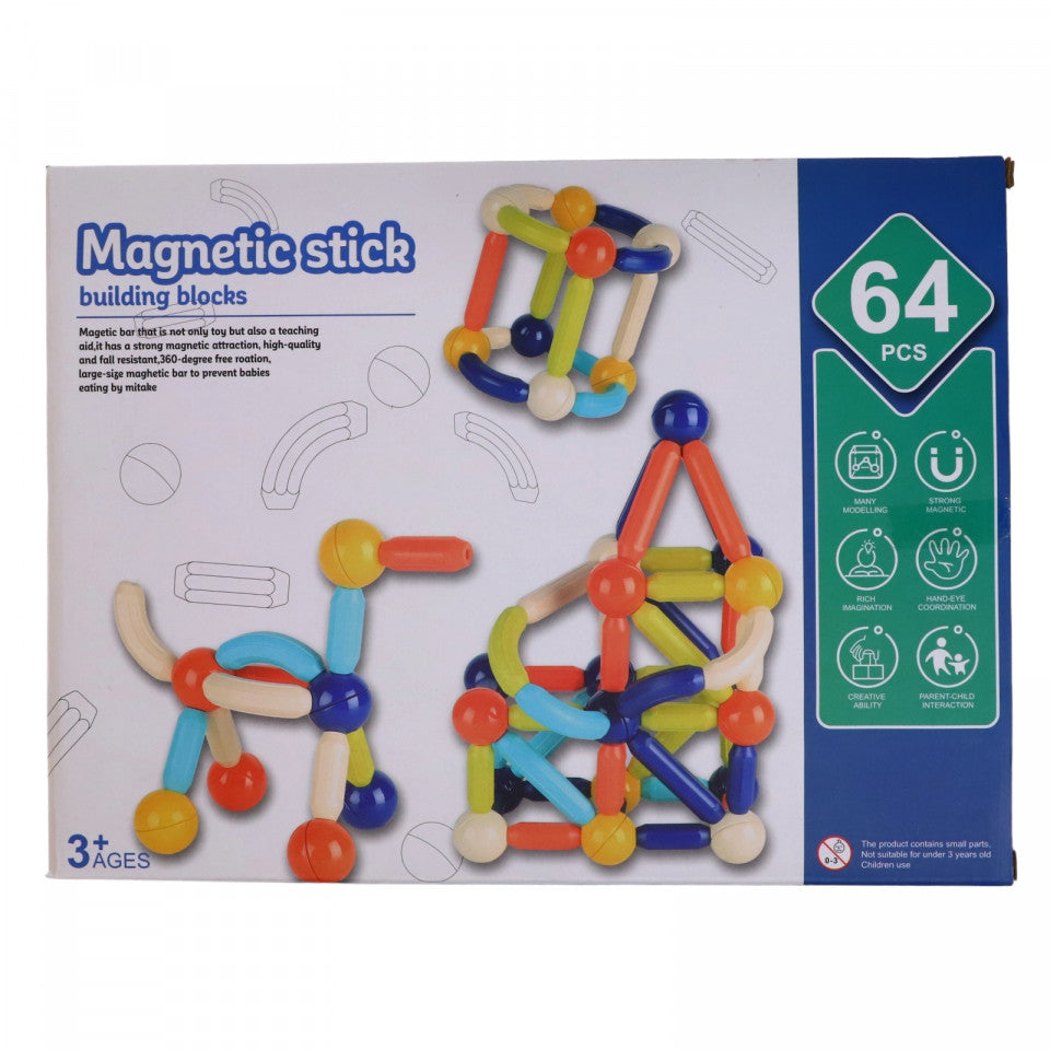 Set de constructie magnetic, NO511, 3 ani, 64 piese, Multicolor