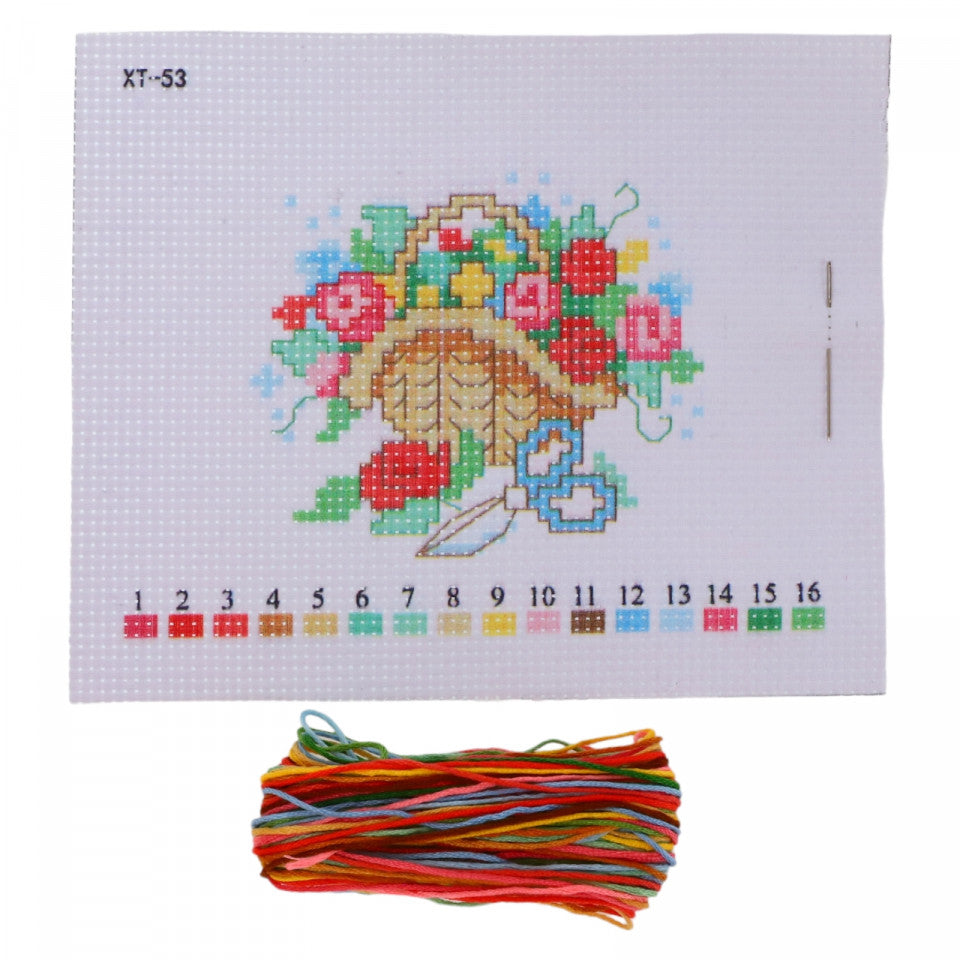 Set goblen, NO259, Cos cu flori, Fire incluse, 14 x 16 cm, Multicolor
