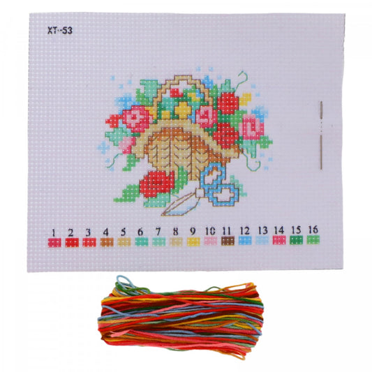 Set goblen, NO259, Cos cu flori, Fire incluse, 14 x 16 cm, Multicolor