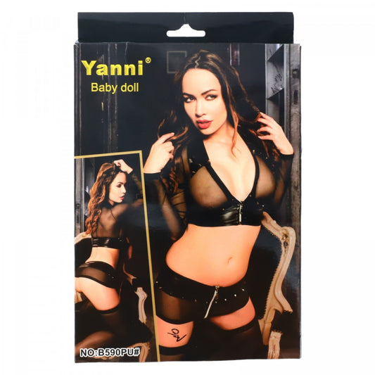 Set lenjerie sexy, top, chiloti, ciorapi, portjartiera, din plasa, 5 piese, NO9352, L-XL, Negru