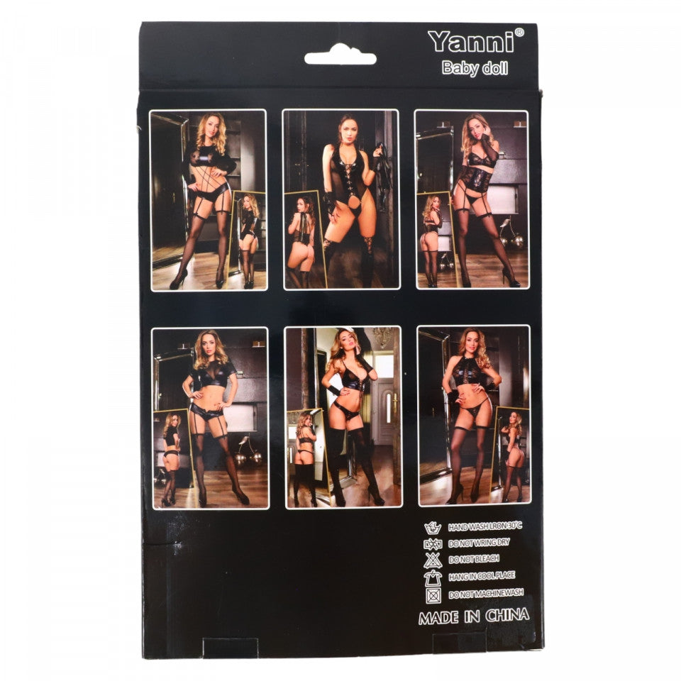Set lenjerie sexy, top, chiloti, ciorapi, portjartiera, din plasa, 5 piese, NO9352, L-XL, Negru