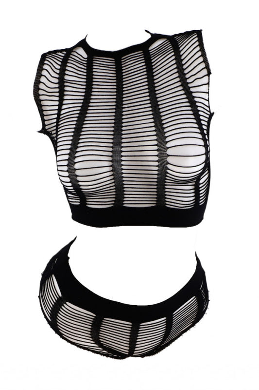 Set Lenjerie sexy, Top si chiloti, din plasa, NO5221, One Size INTL, Negru