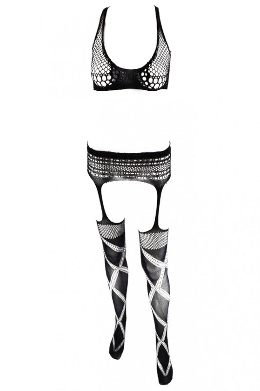 Set Lenjerie sexy, Top si ciorapi cu jartiere, din plasa, NO2207, One Size INTL, Negru