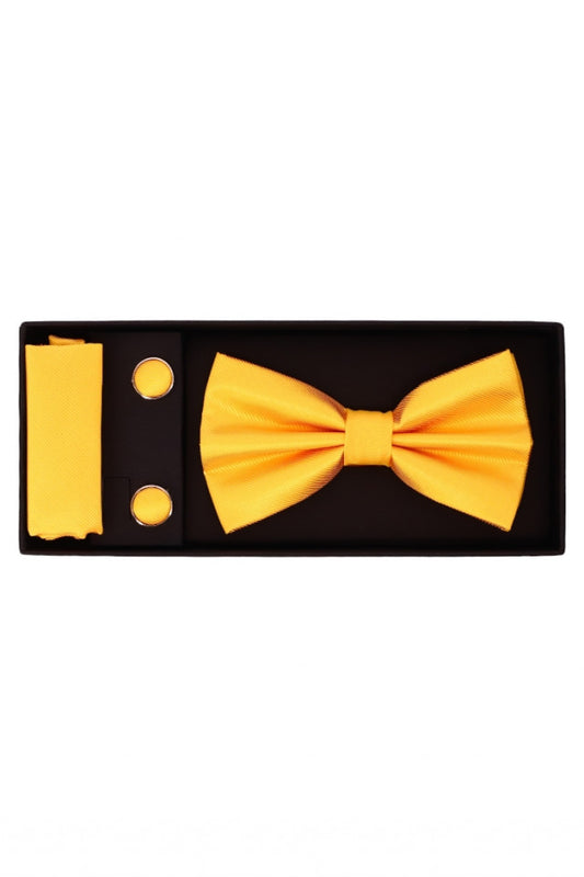 Set Papion pentru barbati cu butoni si batista, aspect texturat, NO1449, 6.5 x 12 cm, Galben