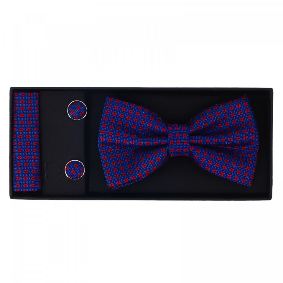 Set Papion pentru barbati cu butoni si batista, aspect texturat, NO1451, 6.5 x 12 cm, Albastru