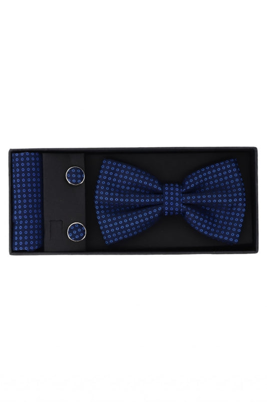 Set Papion pentru barbati cu butoni si batista, aspect texturat, NO1453, 6.5 x 12 cm, Albastru