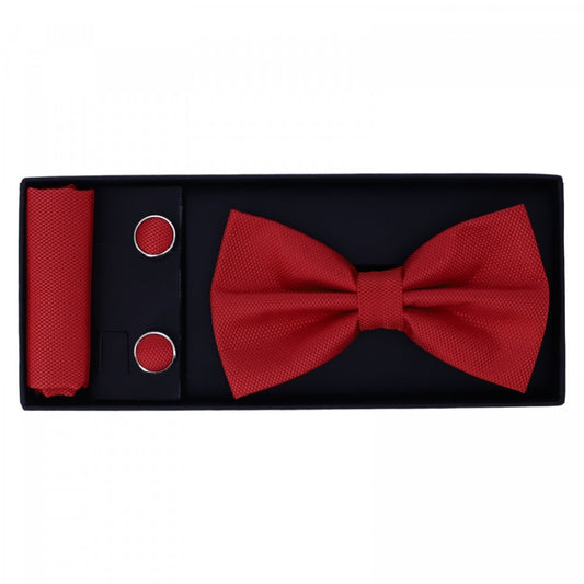 Set Papion pentru barbati cu butoni si batista, aspect texturat, NO1461, 6.5 x 12 cm, Rosu