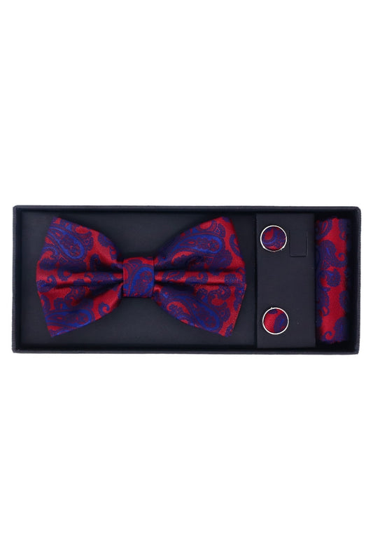 Set Papion pentru barbati cu butoni si batista, aspect texturat, NO2000, 6.5 x 12 cm, Visiniu
