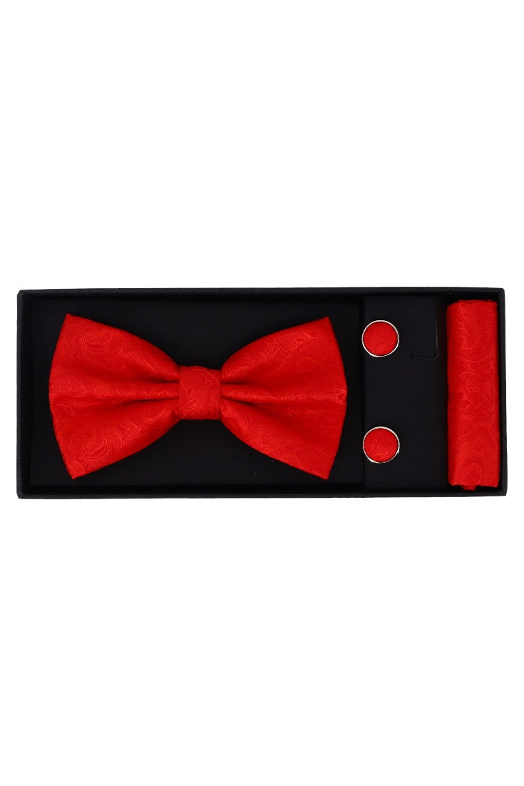 Set Papion pentru barbati cu butoni si batista, aspect texturat, NO2002, 6.5 x 12 cm, Rosu