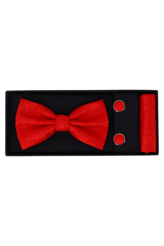 Set Papion pentru barbati cu butoni si batista, aspect texturat, NO2002, 6.5 x 12 cm, Rosu