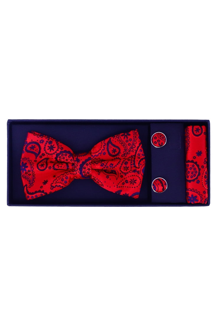 Set Papion pentru barbati cu butoni si batista, aspect texturat, NO2003, 6.5 x 12 cm, Rosu