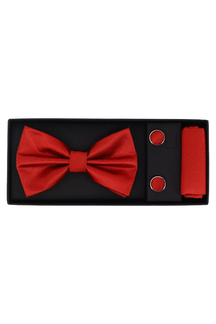 Set Papion pentru barbati cu butoni si batista, aspect texturat, NO2004, 6.5 x 12 cm, Rosu