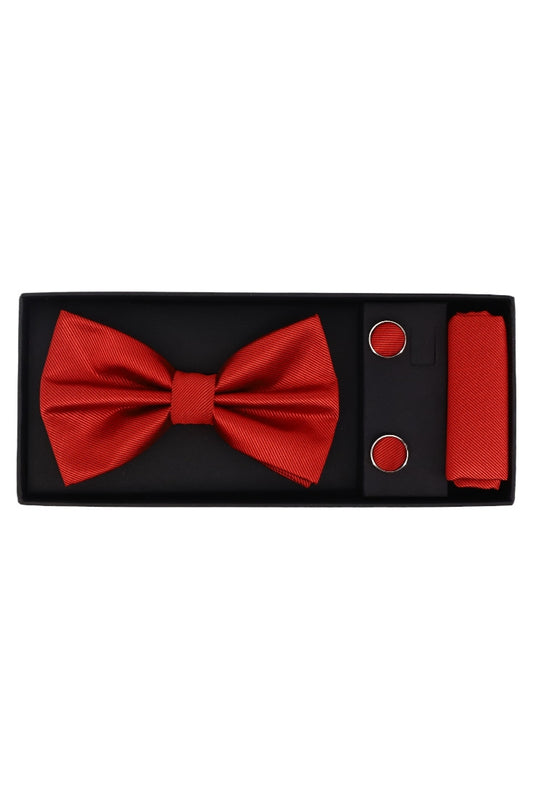 Set Papion pentru barbati cu butoni si batista, aspect texturat, NO2004, 6.5 x 12 cm, Rosu