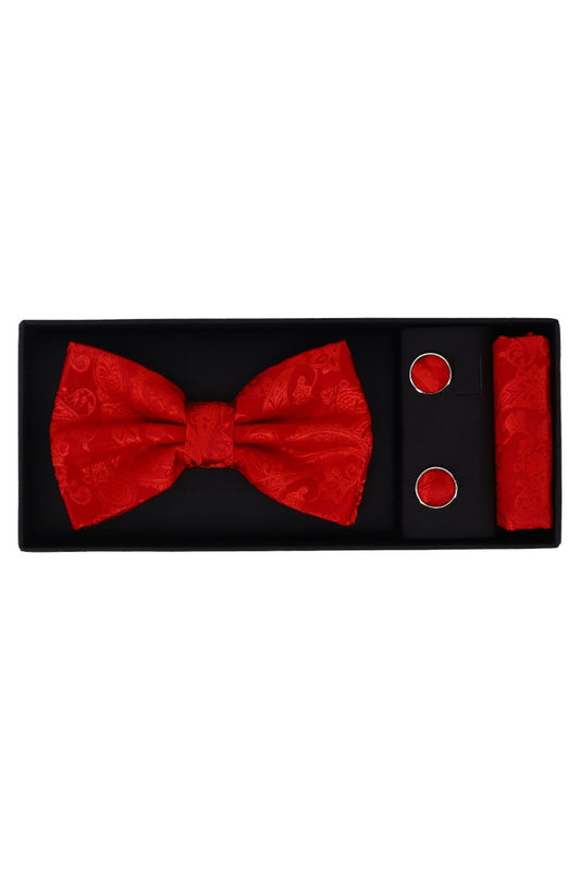 Set Papion pentru barbati cu butoni si batista, aspect texturat, NO2005, 6.5 x 12 cm, Rosu