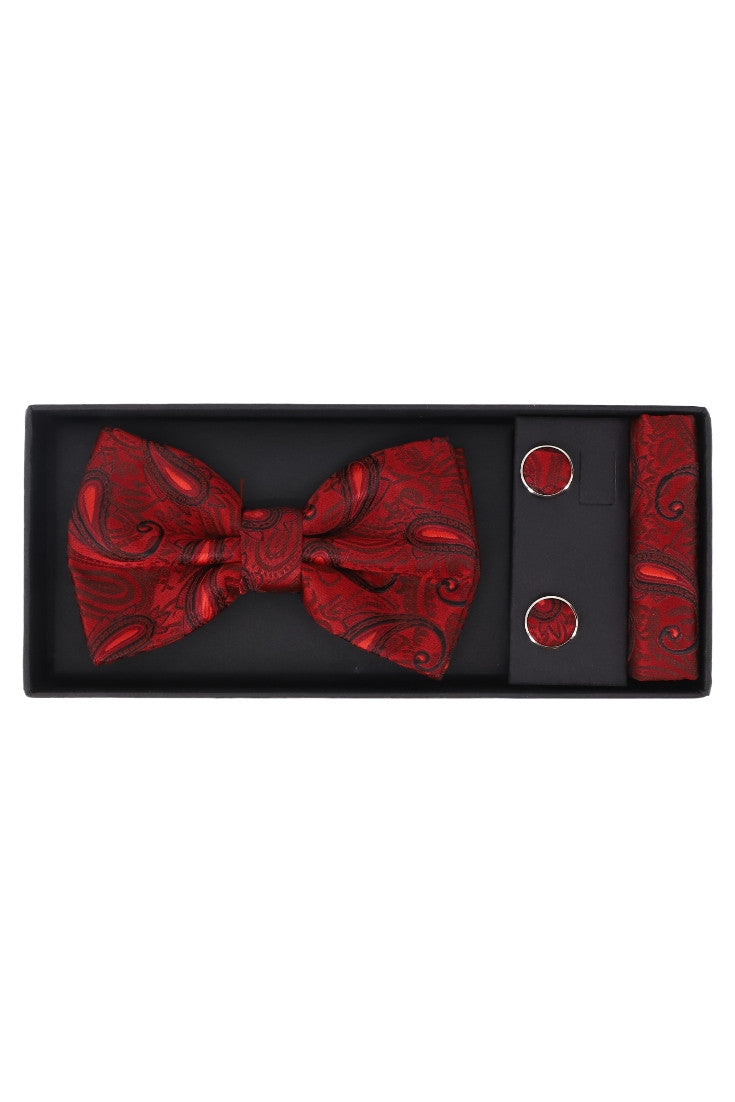 Set Papion pentru barbati cu butoni si batista, aspect texturat, NO2006, 6.5 x 12 cm, Rosu