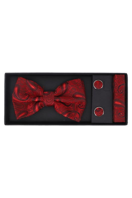 Set Papion pentru barbati cu butoni si batista, aspect texturat, NO2006, 6.5 x 12 cm, Rosu