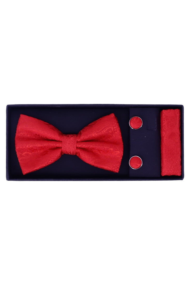 Set Papion pentru barbati cu butoni si batista, aspect texturat, NO2007, 6.5 x 12 cm, Rosu