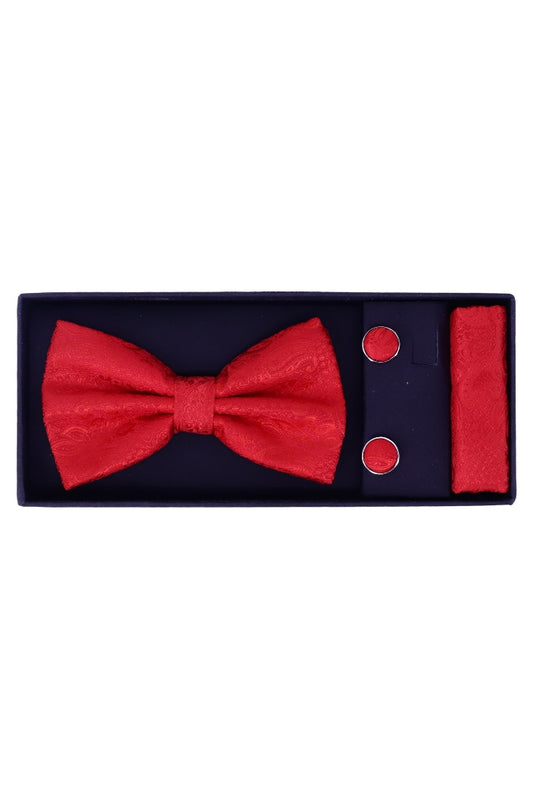 Set Papion pentru barbati cu butoni si batista, aspect texturat, NO2007, 6.5 x 12 cm, Rosu
