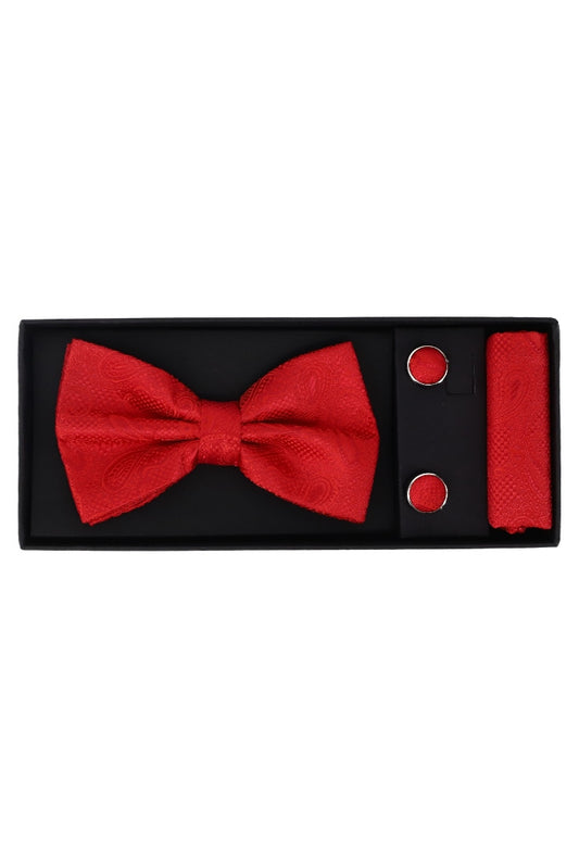 Set Papion pentru barbati cu butoni si batista, aspect texturat, NO2008, 6.5 x 12 cm, Rosu