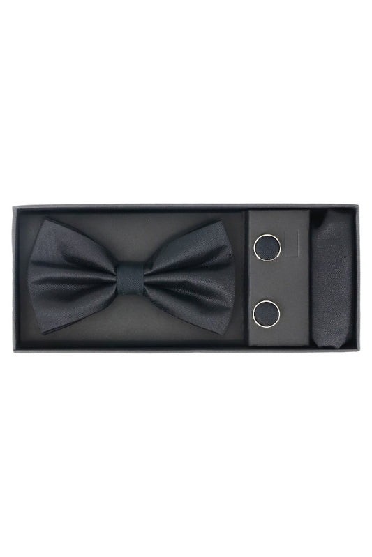 Set Papion pentru barbati cu butoni si batista, aspect texturat, NO2009, 6.5 x 12 cm, Negru