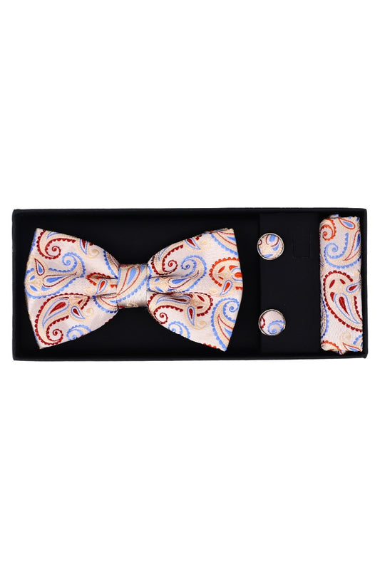 Set Papion pentru barbati cu butoni si batista, aspect texturat, NO2010, 6.5 x 12 cm, Alb