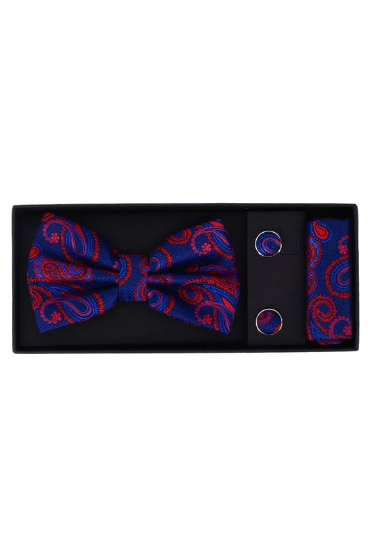 Set Papion pentru barbati cu butoni si batista, aspect texturat, NO2011, 6.5 x 12 cm, Albastru