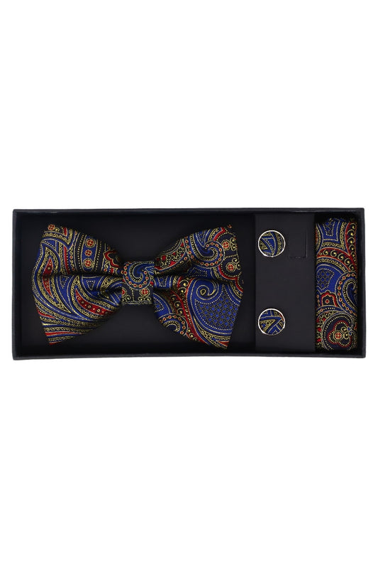 Set Papion pentru barbati cu butoni si batista, aspect texturat, NO2015, 6.5 x 12 cm, Albastru