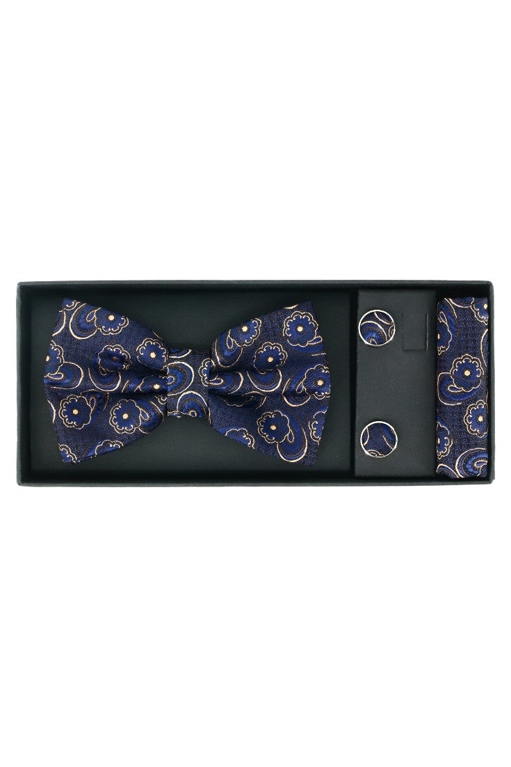Set Papion pentru barbati cu butoni si batista, aspect texturat, NO2017, 6.5 x 12 cm, Albastru