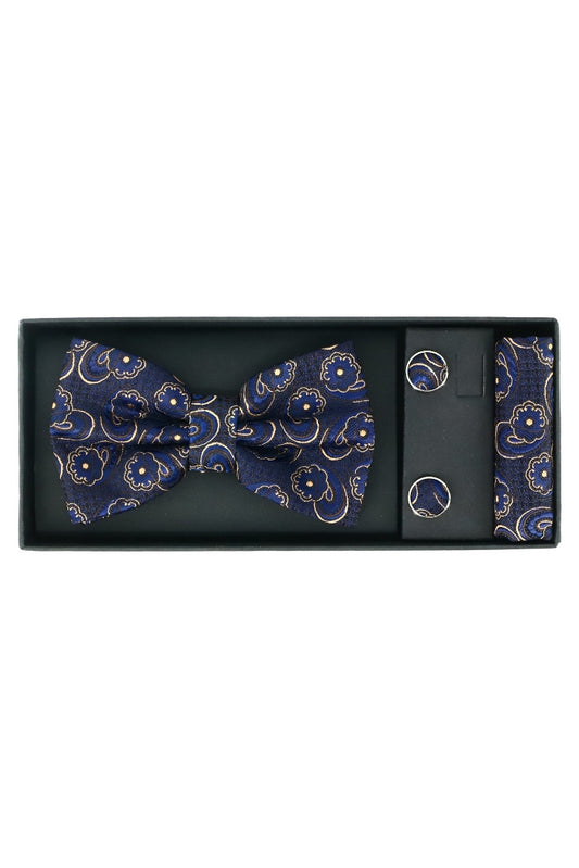 Set Papion pentru barbati cu butoni si batista, aspect texturat, NO2017, 6.5 x 12 cm, Albastru