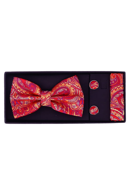 Set Papion pentru barbati cu butoni si batista, aspect texturat, NO2019, 6.5 x 12 cm, Rosu