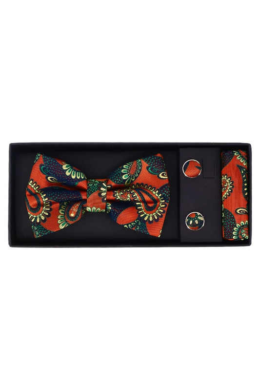 Set Papion pentru barbati cu butoni si batista, aspect texturat, NO2021, 6.5 x 12 cm, Multicolor