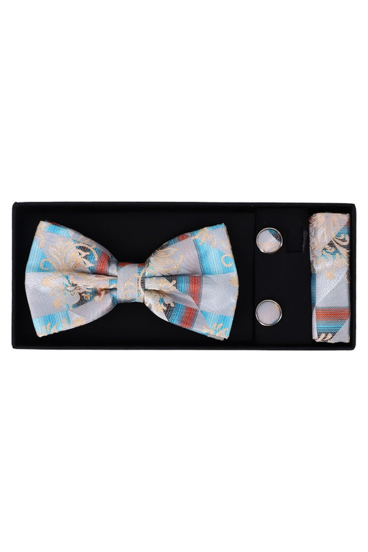 Set Papion pentru barbati cu butoni si batista, aspect texturat, NO2022, 6.5 x 12 cm, Multicolor