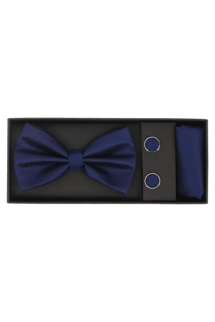 Set Papion pentru barbati cu butoni si batista, aspect texturat, NO2025, 6.5 x 12 cm, Bleumarin