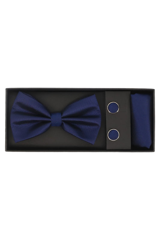Set Papion pentru barbati cu butoni si batista, aspect texturat, NO2025, 6.5 x 12 cm, Bleumarin