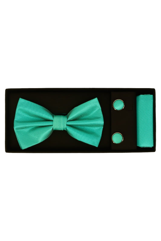 Set Papion pentru barbati cu butoni si batista, aspect texturat, NO2028, 6.5 x 12 cm, Turquoise